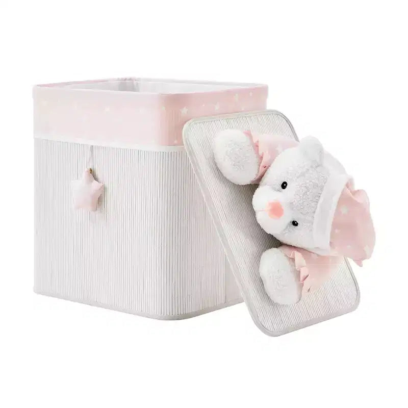 Panier à linge pliable en bambou pour enfants, rangement de jouets avec poignées, motif ours en peluche rose et crème