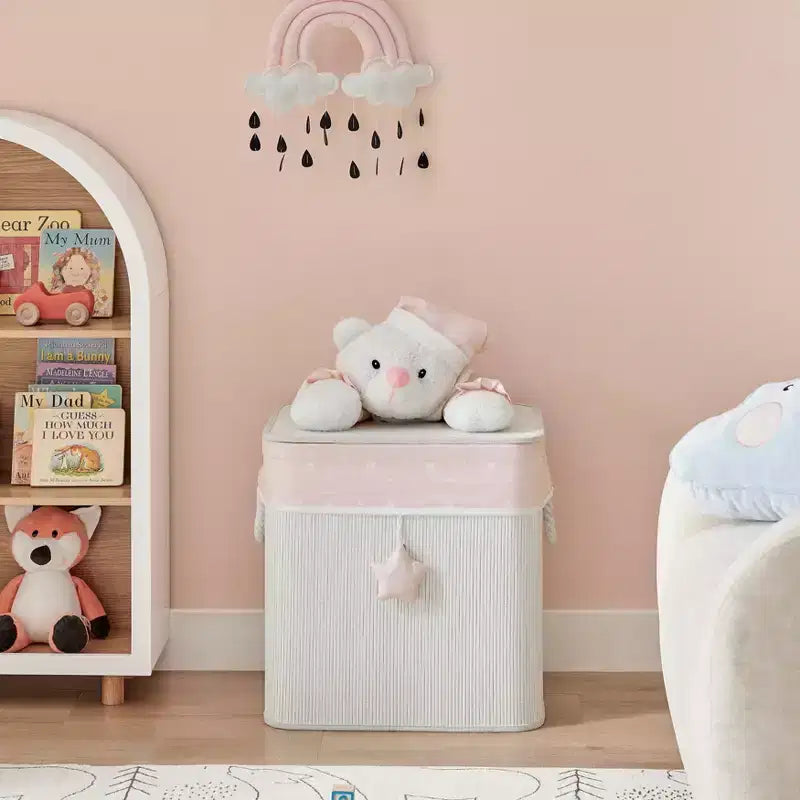 Panier à linge pliable en bambou pour enfants, rangement de jouets avec poignées, motif ours en peluche rose et crème