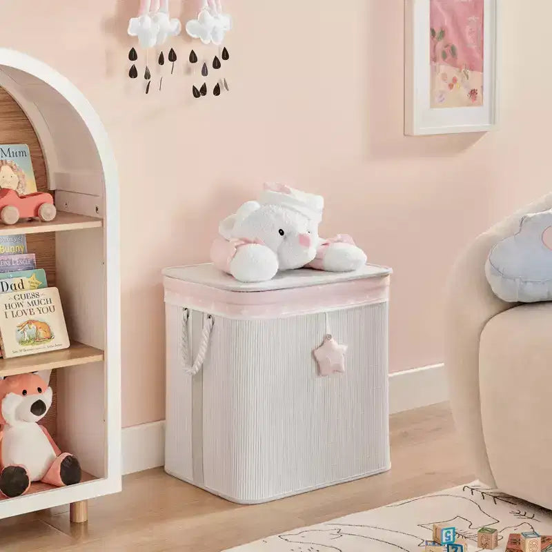 Panier à linge pliable en bambou pour enfants, rangement de jouets avec poignées, motif ours en peluche rose et crème