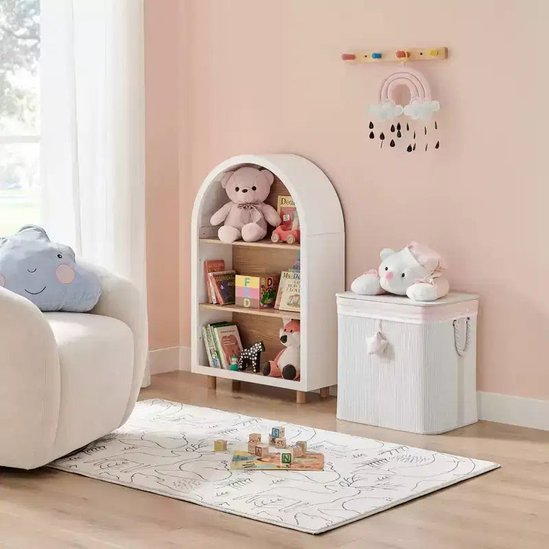Panier à linge pliable en bambou pour enfants, rangement de jouets avec poignées, motif ours en peluche rose et crème