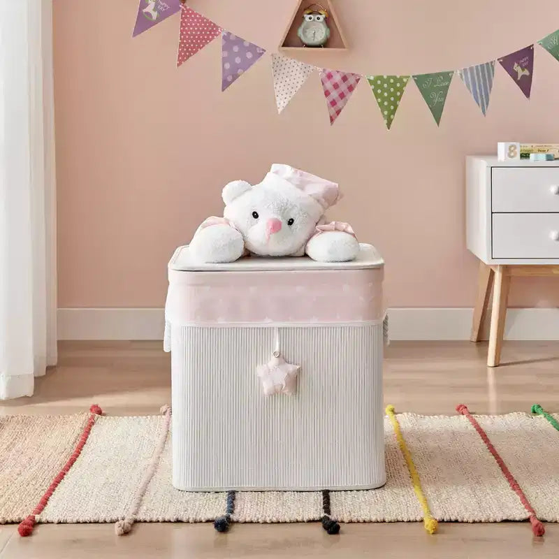 Panier à linge pliable en bambou pour enfants, rangement de jouets avec poignées, motif ours en peluche rose et crème