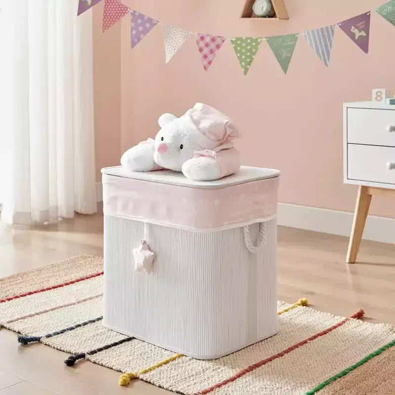 Panier à linge pliable en bambou pour enfants, rangement de jouets avec poignées, motif ours en peluche rose et crème