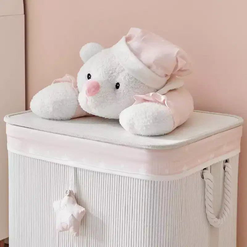 Panier à linge pliable en bambou pour enfants, rangement de jouets avec poignées, motif ours en peluche rose et crème