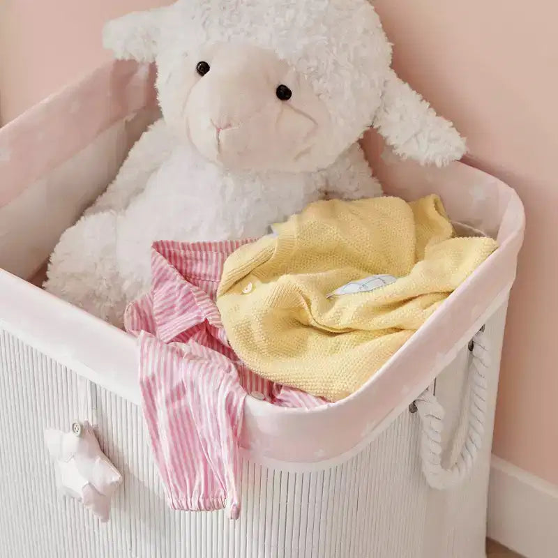 Panier à linge pliable en bambou pour enfants, rangement de jouets avec poignées, motif ours en peluche rose et crème