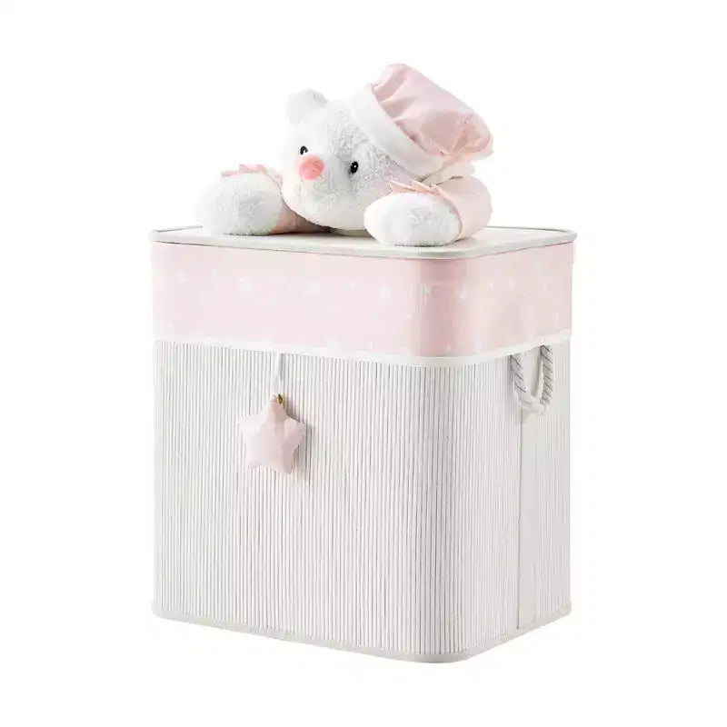 Panier à linge pliable en bambou pour enfants, rangement de jouets avec poignées, motif ours en peluche rose et crème