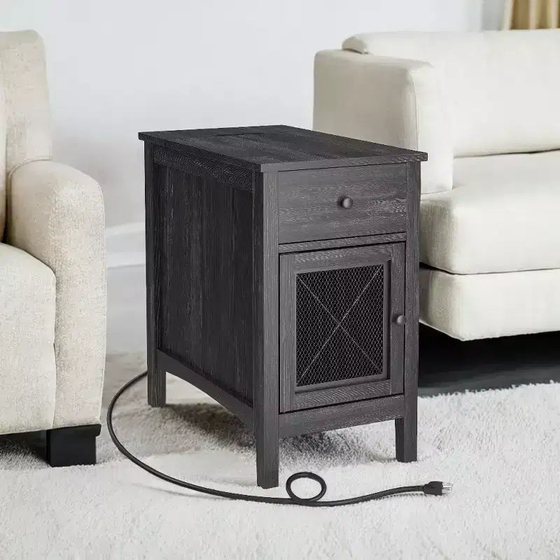 Table d'appoint avec station de chargement Table de chevet Table de salon Table d'appoint étroite avec tiroirs Rangement de salon Table de nuit
