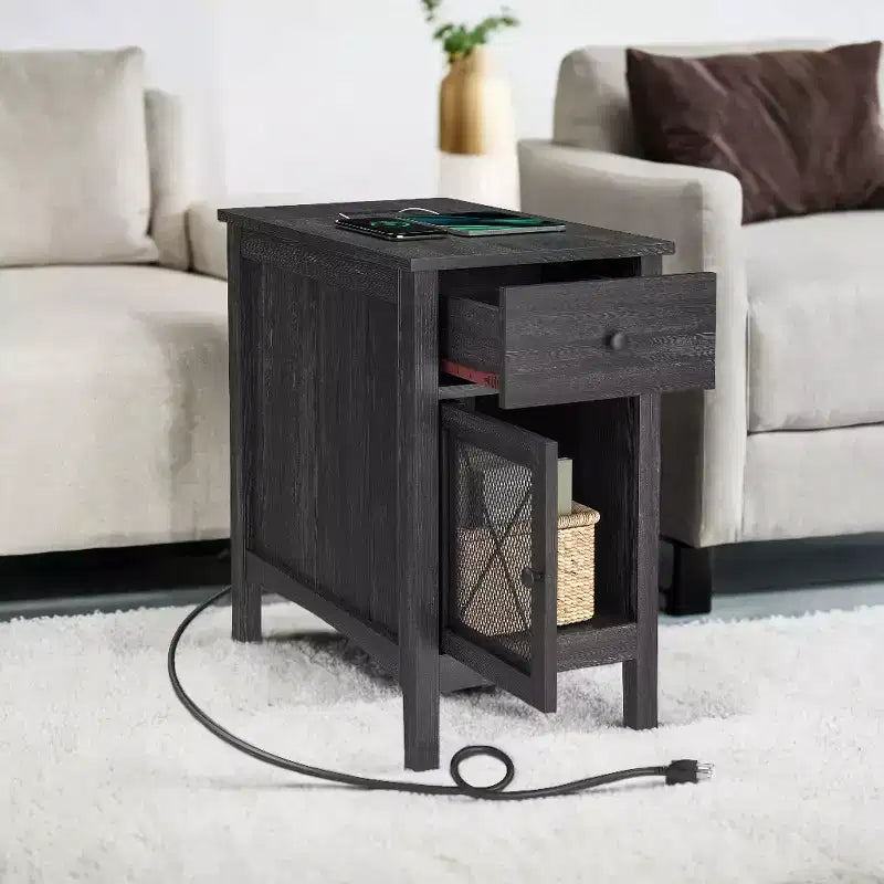 Table d'appoint avec station de chargement Table de chevet Table de salon Table d'appoint étroite avec tiroirs Rangement de salon Table de nuit