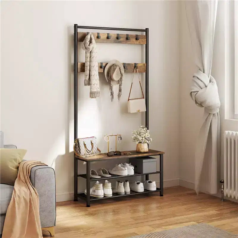Porte-manteau métallique avec banc de rangement à chaussures et 11 crochets amovibles, banc de rangement d'entrée