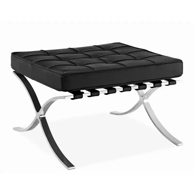 Repose-pieds ottoman capitonné en cuir véritable noir et argent