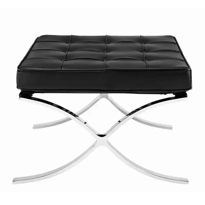 Repose-pieds ottoman capitonné en cuir véritable noir et argent