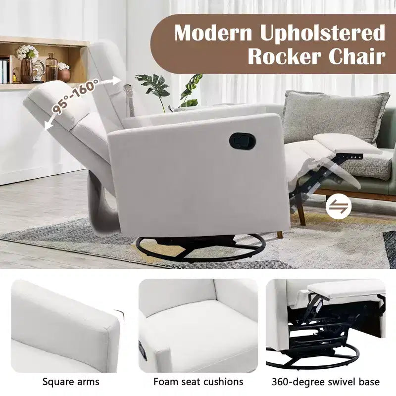 Fauteuil à bascule pivotant et inclinable, fauteuil de salon moderne rembourré, fauteuil de relaxation pour chambre à coucher ou chambre de bébé