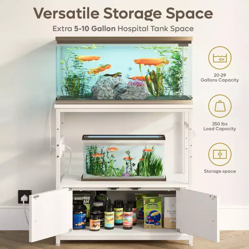 Meuble d'aquarium avec prise de courant, support de réservoir de poisson noir avec armoires, meuble d'aquarium rectangulaire avec pied réglable et 4 crochets