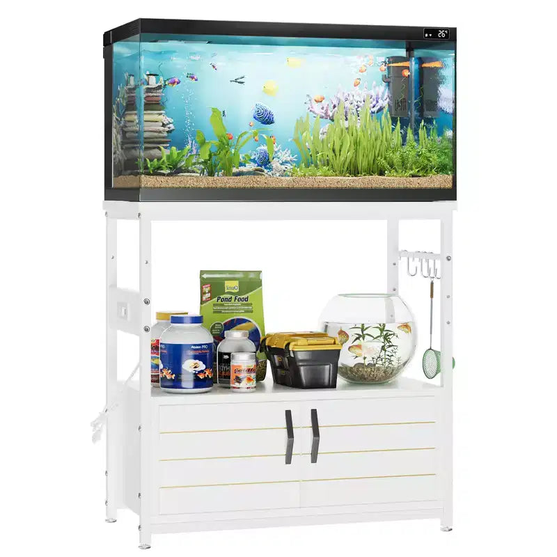 Meuble d'aquarium avec prise de courant, support de réservoir de poisson noir avec armoires, meuble d'aquarium rectangulaire avec pied réglable et 4 crochets
