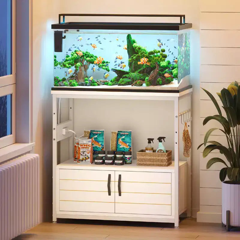 Meuble d'aquarium avec prise de courant, support de réservoir de poisson noir avec armoires, meuble d'aquarium rectangulaire avec pied réglable et 4 crochets