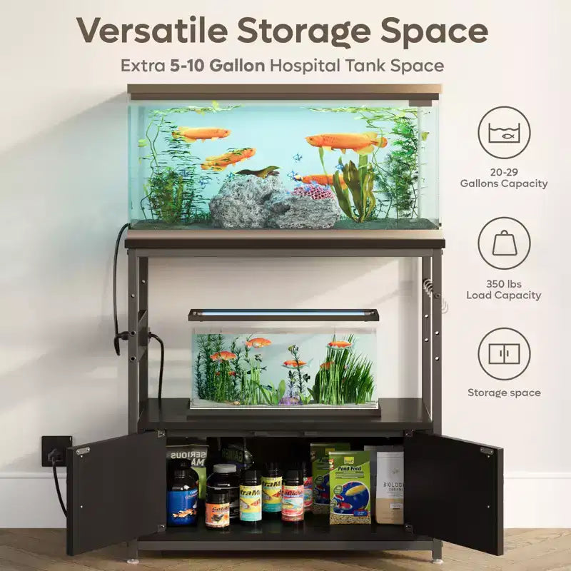 Meuble d'aquarium avec prise de courant, support de réservoir de poisson noir avec armoires, meuble d'aquarium rectangulaire avec pied réglable et 4 crochets