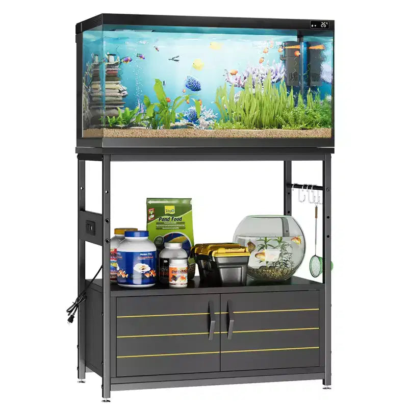 Meuble d'aquarium avec prise de courant, support de réservoir de poisson noir avec armoires, meuble d'aquarium rectangulaire avec pied réglable et 4 crochets