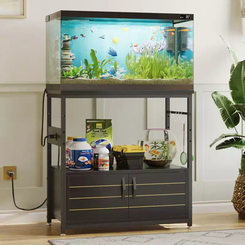 Meuble d'aquarium avec prise de courant, support de réservoir de poisson noir avec armoires, meuble d'aquarium rectangulaire avec pied réglable et 4 crochets