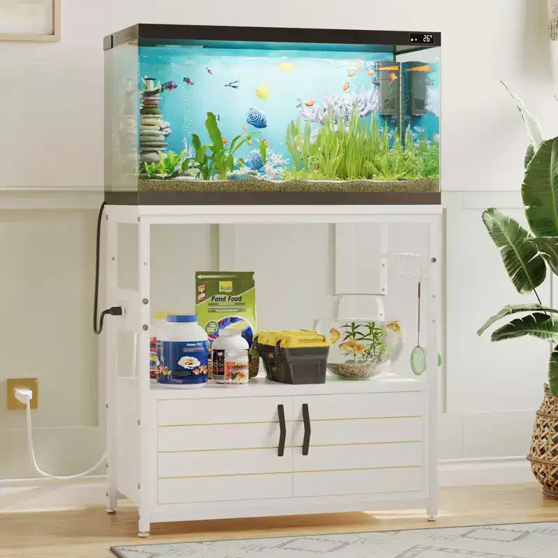 Meuble d'aquarium avec prise de courant, support de réservoir de poisson noir avec armoires, meuble d'aquarium rectangulaire avec pied réglable et 4 crochets