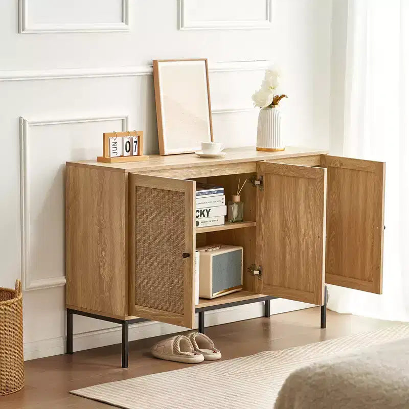 Meuble de rangement en rotin, meuble de rangement en rotin avec 3 portes magnétiques et étagères réglables, buffet pour couloir, entrée
