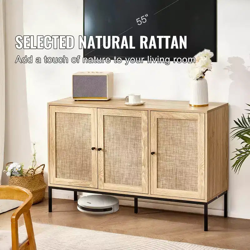 Meuble de rangement en rotin, meuble de rangement en rotin avec 3 portes magnétiques et étagères réglables, buffet pour couloir, entrée
