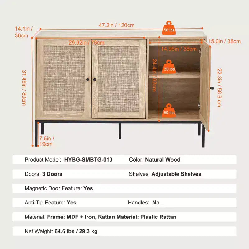Meuble de rangement en rotin, meuble de rangement en rotin avec 3 portes magnétiques et étagères réglables, buffet pour couloir, entrée