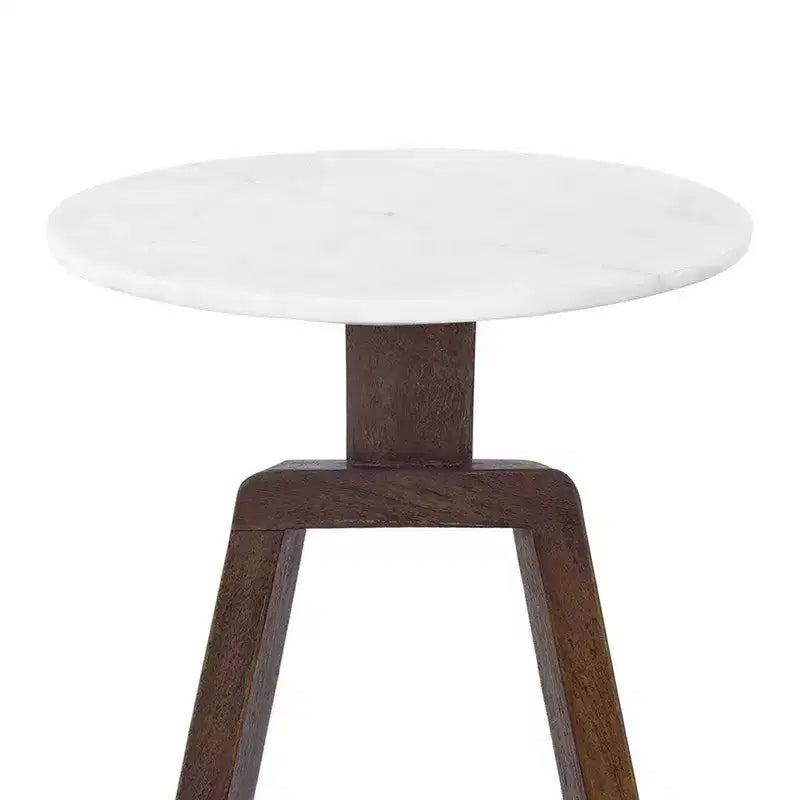 Table d'appoint avec plateau rond en véritable marbre blanc et base en bois de manguier fabriquée à la main