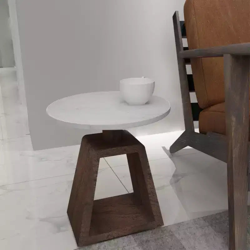 Table d'appoint avec plateau rond en véritable marbre blanc et base en bois de manguier fabriquée à la main