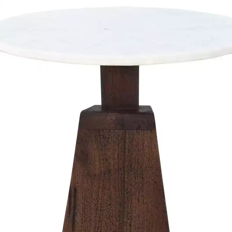 Table d'appoint avec plateau rond en véritable marbre blanc et base en bois de manguier fabriquée à la main