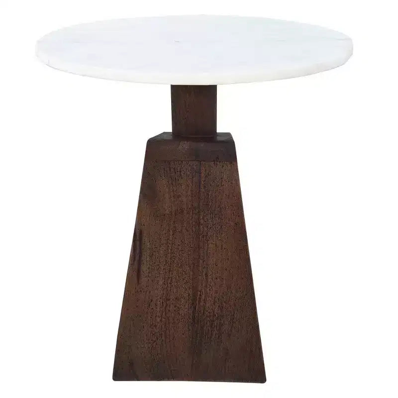 Table d'appoint avec plateau rond en véritable marbre blanc et base en bois de manguier fabriquée à la main