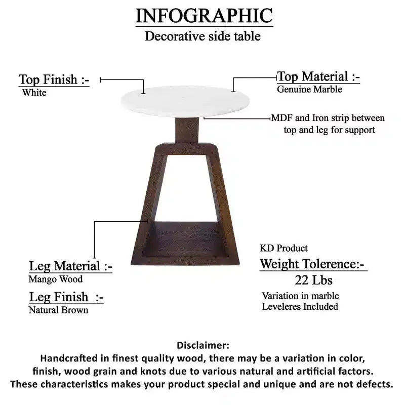 Table d'appoint avec plateau rond en véritable marbre blanc et base en bois de manguier fabriquée à la main