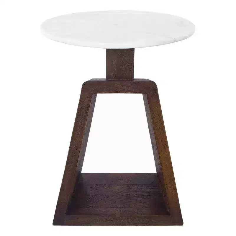Table d'appoint avec plateau rond en véritable marbre blanc et base en bois de manguier fabriquée à la main