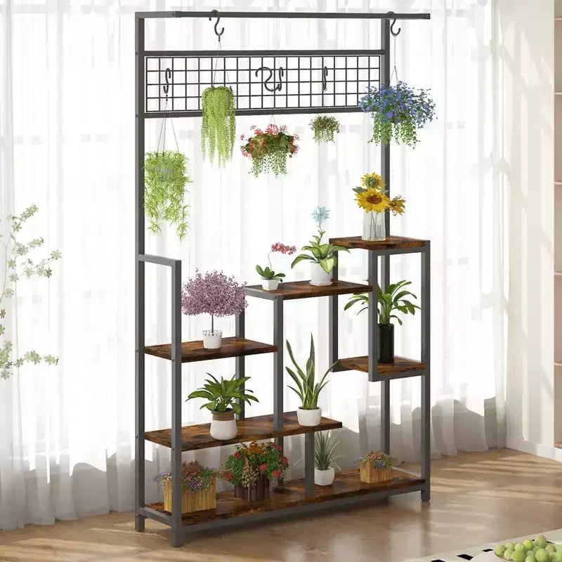 Étagère à plantes d'intérieur à 7 niveaux avec lumières de croissance et crochets de suspension, support à plantes haut en métal pour bonsaïs, fleurs et décoration, organisateur de balcon et de salon