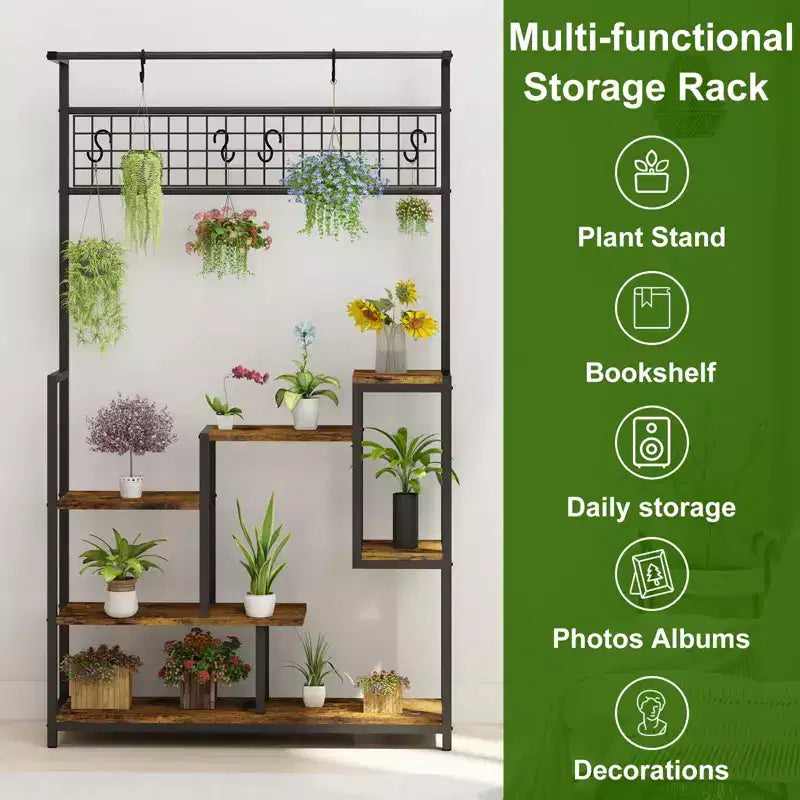 Étagère à plantes d'intérieur à 7 niveaux avec lumières de croissance et crochets de suspension, support à plantes haut en métal pour bonsaïs, fleurs et décoration, organisateur de balcon et de salon