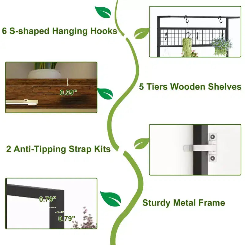 Étagère à plantes d'intérieur à 7 niveaux avec lumières de croissance et crochets de suspension, support à plantes haut en métal pour bonsaïs, fleurs et décoration, organisateur de balcon et de salon