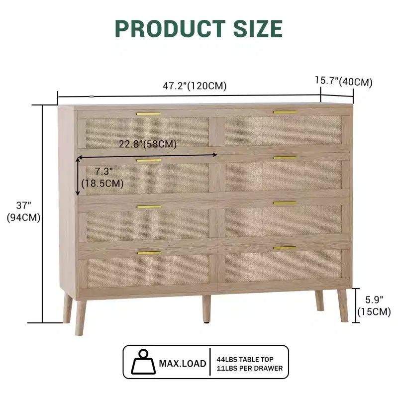 Commode 6 tiroirs / 8 tiroirs, commode en rotin naturel, commode en bois de style ferme avec poignées dorées pour salon, entrée, couloir