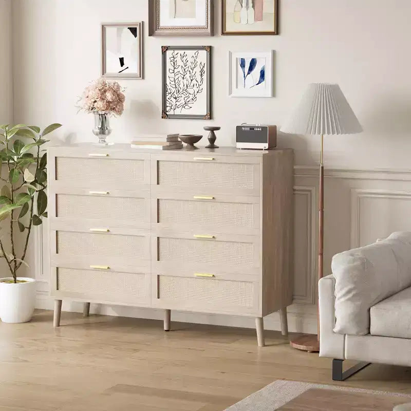 Commode 6 tiroirs / 8 tiroirs, commode en rotin naturel, commode en bois de style ferme avec poignées dorées pour salon, entrée, couloir