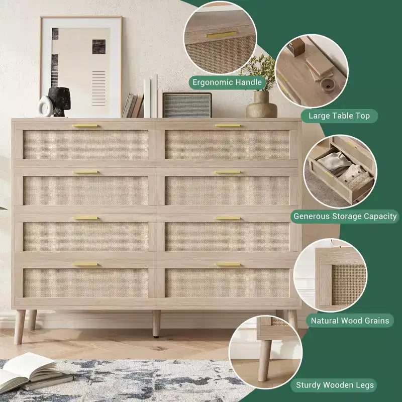 Commode 6 tiroirs / 8 tiroirs, commode en rotin naturel, commode en bois de style ferme avec poignées dorées pour salon, entrée, couloir