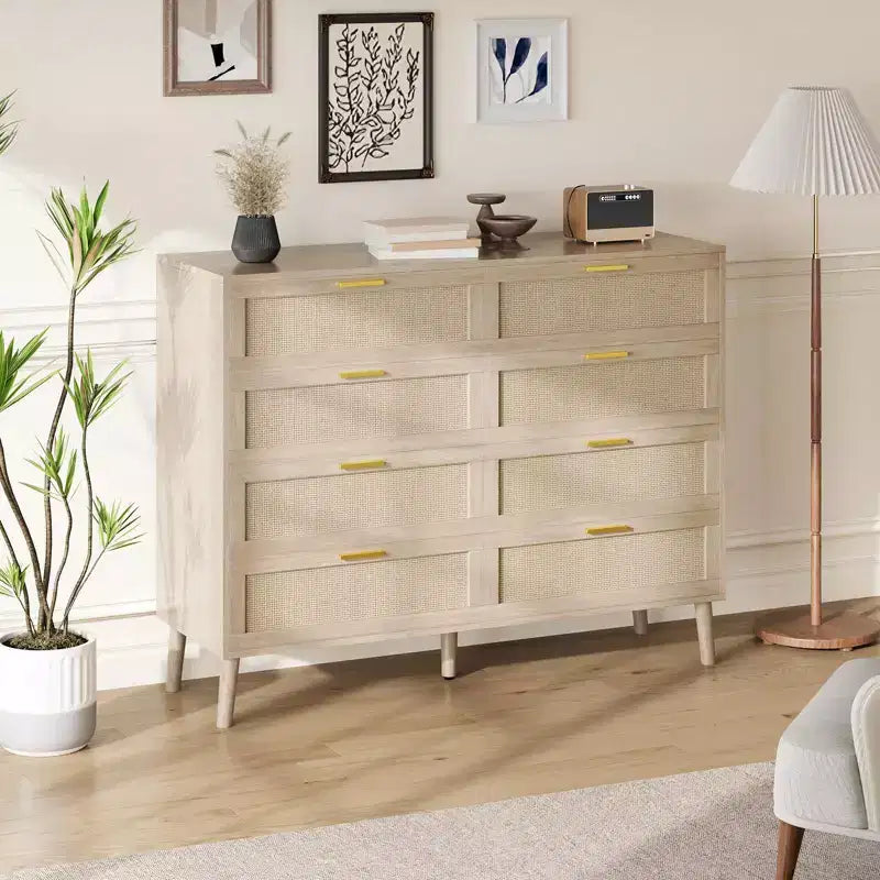 Commode 6 tiroirs / 8 tiroirs, commode en rotin naturel, commode en bois de style ferme avec poignées dorées pour salon, entrée, couloir