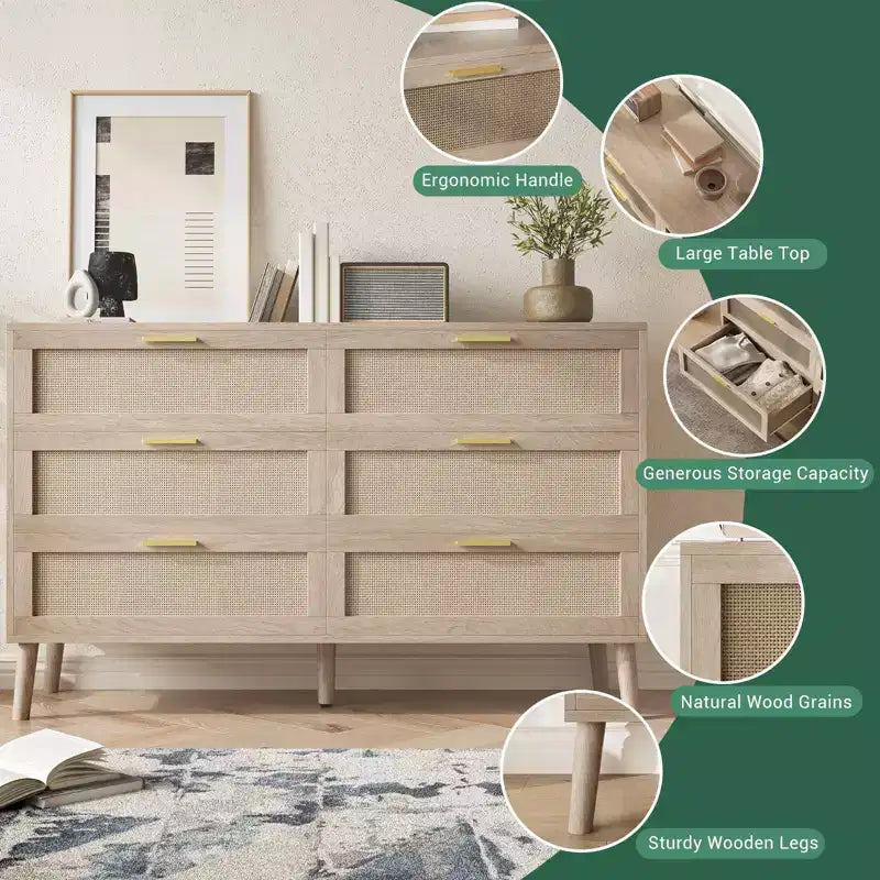 Commode 6 tiroirs / 8 tiroirs, commode en rotin naturel, commode en bois de style ferme avec poignées dorées pour salon, entrée, couloir