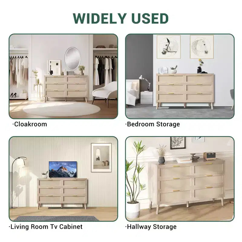 Commode 6 tiroirs / 8 tiroirs, commode en rotin naturel, commode en bois de style ferme avec poignées dorées pour salon, entrée, couloir