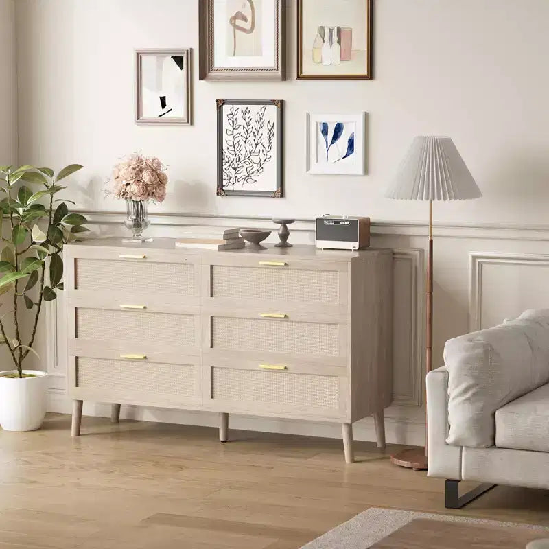 Commode 6 tiroirs / 8 tiroirs, commode en rotin naturel, commode en bois de style ferme avec poignées dorées pour salon, entrée, couloir