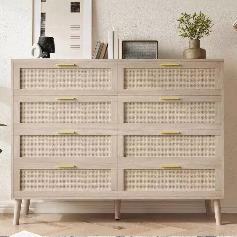 Commode 6 tiroirs / 8 tiroirs, commode en rotin naturel, commode en bois de style ferme avec poignées dorées pour salon, entrée, couloir
