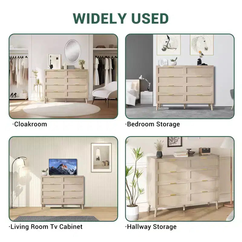 Commode 6 tiroirs / 8 tiroirs, commode en rotin naturel, commode en bois de style ferme avec poignées dorées pour salon, entrée, couloir