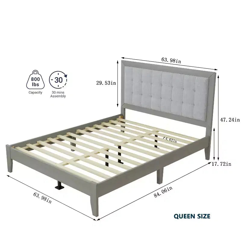 Cadre de lit plateforme Queen/King rembourré en bois massif moderne avec tête de lit capitonnée carrée, silencieux et facile à assembler