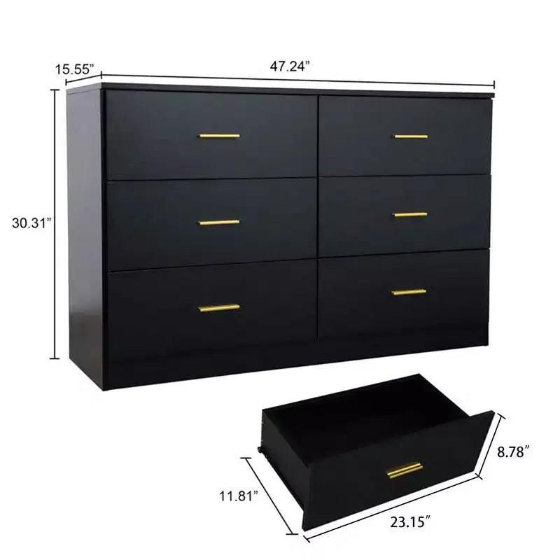Commode de chambre minimaliste avec 6 tiroirs, poignées dorées, grand espace de rangement pour salon, couloir, chambre d'enfants