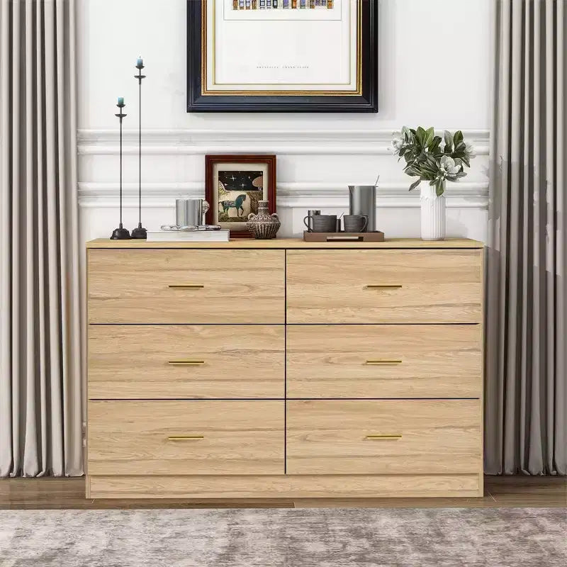 Commode de chambre minimaliste avec 6 tiroirs, poignées dorées, grand espace de rangement pour salon, couloir, chambre d'enfants