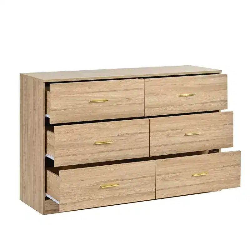 Commode de chambre minimaliste avec 6 tiroirs, poignées dorées, grand espace de rangement pour salon, couloir, chambre d'enfants