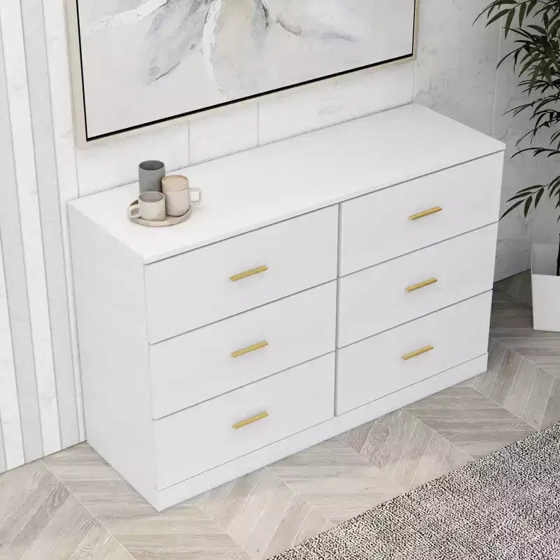 Commode de chambre minimaliste avec 6 tiroirs, poignées dorées, grand espace de rangement pour salon, couloir, chambre d'enfants