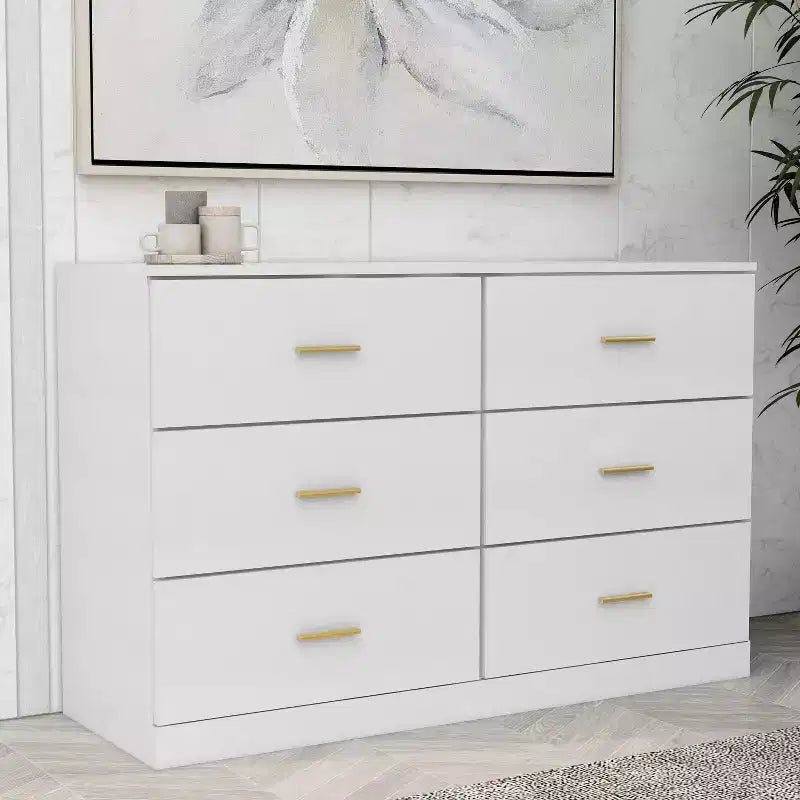 Commode de chambre minimaliste avec 6 tiroirs, poignées dorées, grand espace de rangement pour salon, couloir, chambre d'enfants