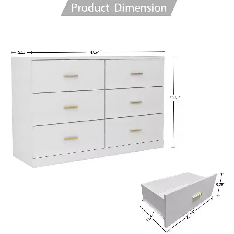 Commode de chambre minimaliste avec 6 tiroirs, poignées dorées, grand espace de rangement pour salon, couloir, chambre d'enfants